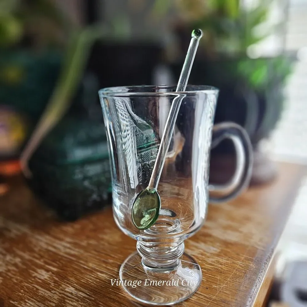 Emerald Glass Long Stir Tea Spoon Green & Clear Sugar & Teaspoon Rounded Point
